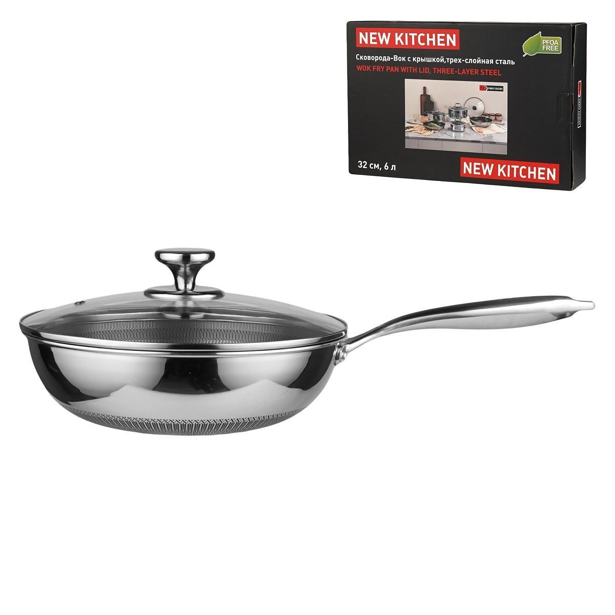Сковорода-Вок с крышкой,трех-слойная сталь, 6 л, 32/17,5*9,5 см, серия "New Kitchen", , P.L.